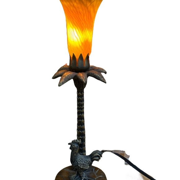 Vintage Rooster Table Lamp with Amber Glass Shade - Picture 2 of 4